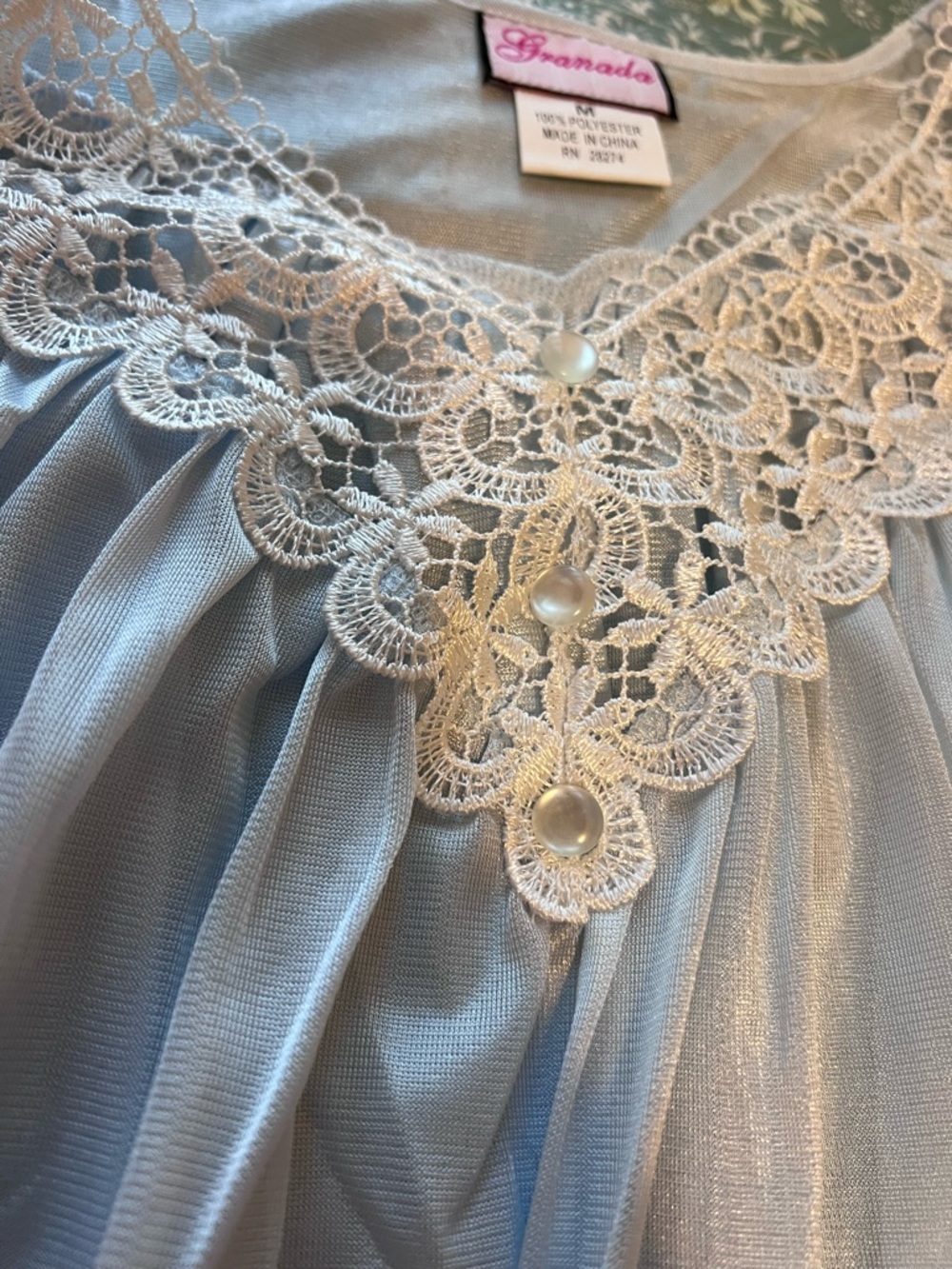 Granada Blue Liquid Satin Maxi Nightgown Lace Pearl Button Detail Medium - Picture 6 of 8